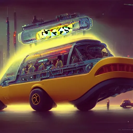 Image similar to a cyberpunk oscar meyer weiner weinermobile, highly detailed epic, CG render digital painting artwork by Greg Rutkowski, John Berkey, Alexander Jansson, Kuvshinov, WLOP, Artgerm, trending on ArtStation, intricate artwork by Tooth Wu, Beeple. octane render, trending on artstation, greg rutkowski very coherent symmetrical artwork, bokeh, cinematic, hyper realism, high detail, octane render, vervia, 8k