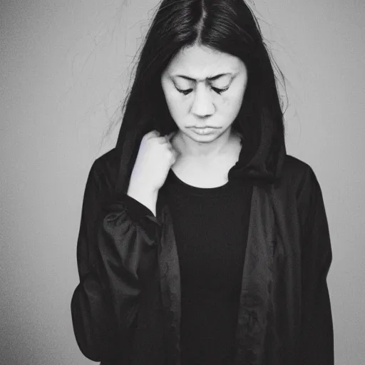Image similar to Photo portrait of a woman wearing black and sad clothes
