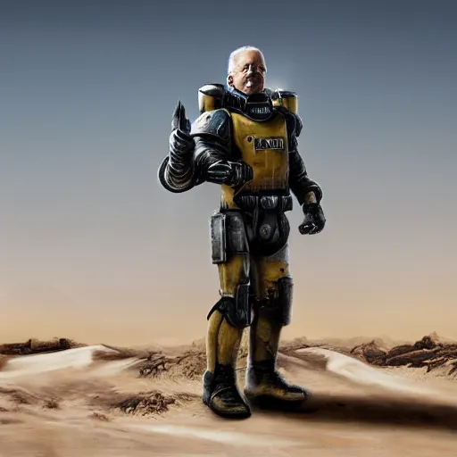 Image similar to professional portrait of Joe Biden wearing fallout power armor in a desert, 8k, cinematic,