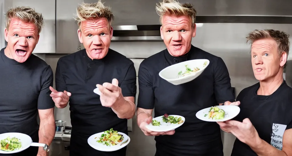 Image similar to gordon ramsay and gordon ramsay showing the camera a dish that each of them prepared