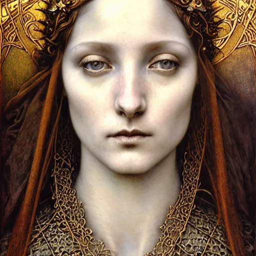 Prompt: detailed realistic beautiful young medieval queen face portrait by jean delville, tom bagshaw, brooke shaden, gustave dore and marco mazzoni, art nouveau, symbolist, visionary, gothic, pre - raphaelite, ornate gilded medieval icon, surreality, ethereal, unearthly, haunting, celestial, neo - gothic, ghostly, memento mori, enigmatic, spectral