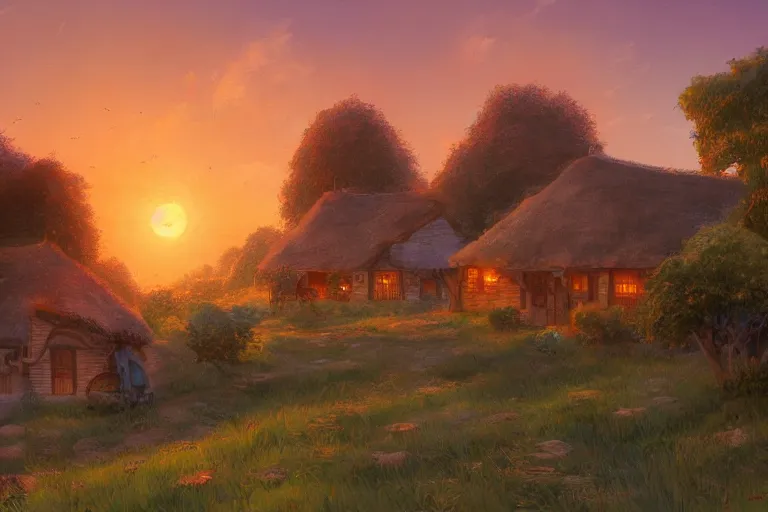 Image similar to sunset over the cottages in the shire, ghibli, artstation, award wining, rutkowski, shinkai