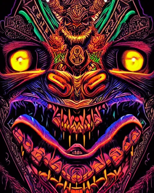 Image similar to barong family member, wiwek, mara demon, one single tribe member, jungle, one single mask, dark, ancient warrior, rich deep vivid colors, neon colors, inner glow, art by dan mumford and justin gerard