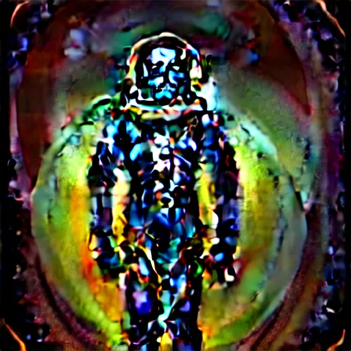 Image similar to full-body dark creepy baroque style oil painting realism a decapitated astronaut with futuristic elements. he welcomes you under with no head, empty helmet inside is occult mystical symbolism headless full-length view. standing on ancient altar eldritch energies lighting forming around disturbing frightening intricate renaissance, award winning digital illustration hyper realism, 8k, depth of field, 3D