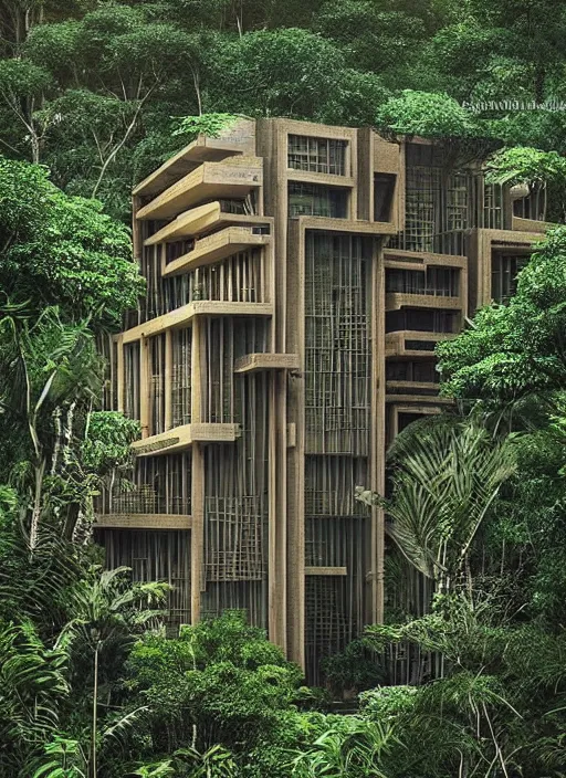 Image similar to “beautiful Amazon forest architecture building , the building is in a forest while there’s a heavy storm, luxury architecture, architecture digest, raining environment, bright tones, fluorescent lighting,volumetric Lighting, photorealism, high detail, golden ratio, cinematic, octane renderer”