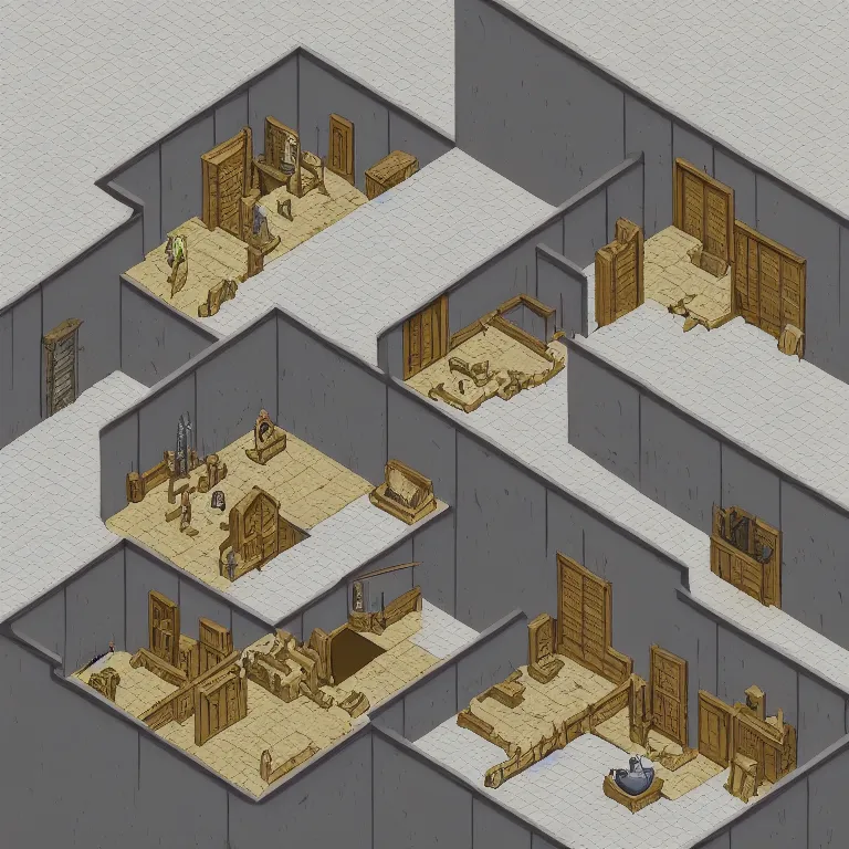 Image similar to isometric top down dungeon backrooms painted in the style of Tadai Ando