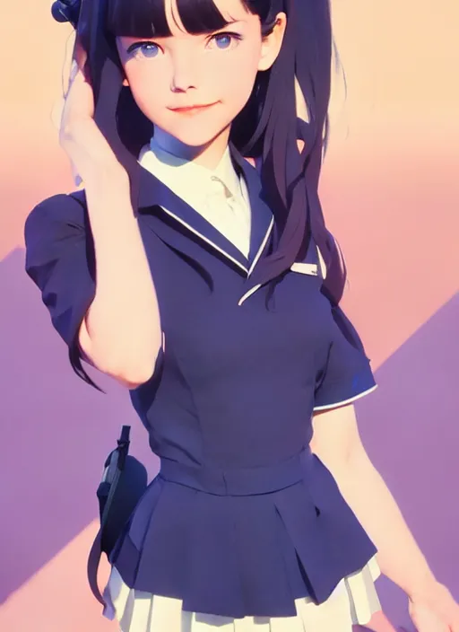 Image similar to full body beautiful and cute and aesthetic school girl greeting, very slightly smiling, wave a hand at the camera, perfect face, symmetric eyes, sharp focus, specular reflection, occlusion shadow, artstation, by ilya kuvshinov and jeremy lipking and quentin mabille, light novel cover art, 3 d epic illustrations, symmetric body