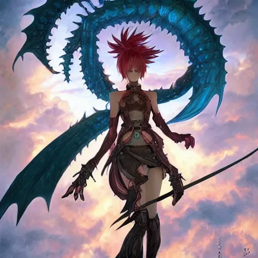 Image similar to Final Fantasy Bahamut Gajinka as a small human girl , highly detailed, digital pencil painting, anime, cartoonish, hybrid human / dragon, monster girl, sharp focus, illustration, art by artgerm and greg rutkowski and alphonse mucha