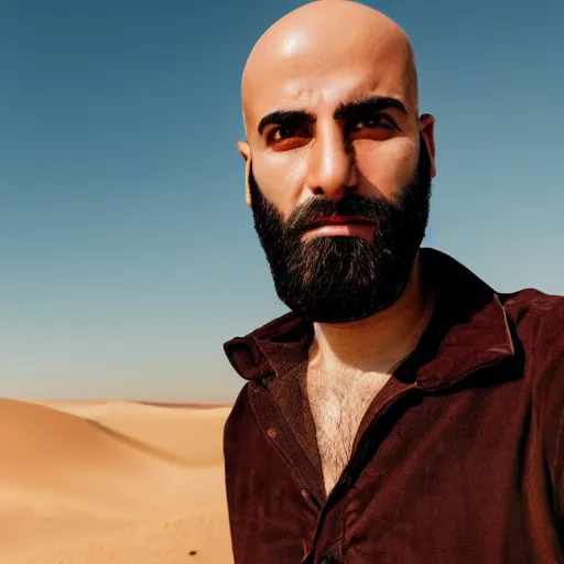 Prompt: real life photo of a Syrian man, bald head, full beard, blue watery eyes, full round face, short smile, serene desert setting, cinematic lightning, medium shot, mid-shot, highly detailed, photorealistic, 80mm, 85mm, cinematic wallpaper