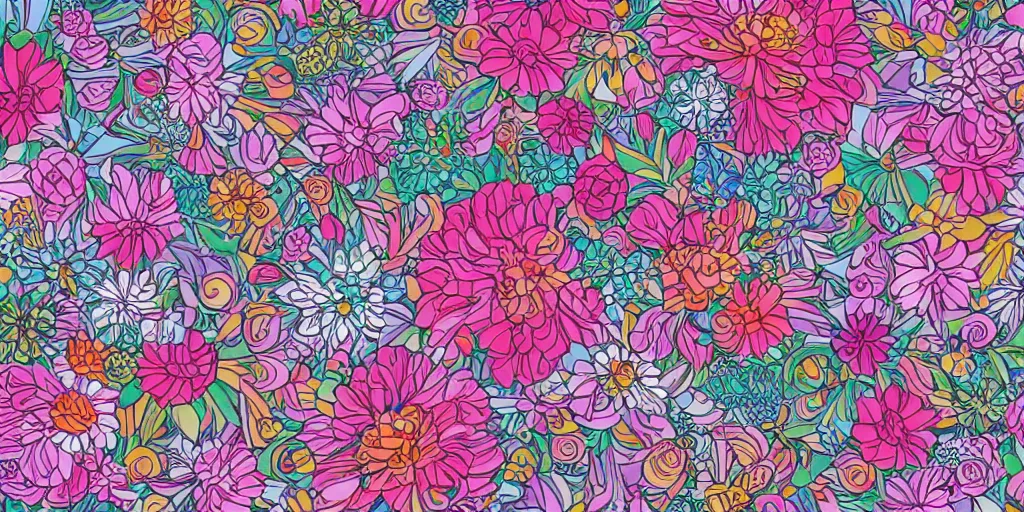 Image similar to flowers pattern, by anastasia beltyukova, intricate, sharp focus, detailed, lively colors, studio ghibli color scheme