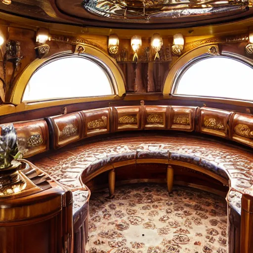 Prompt: antique victorian furniture inside the luxury living room of the nautilus submarine, porthole windows with detailed fish, corals, octopus outside, retrocore, cyber steampunk 8 k 3 d