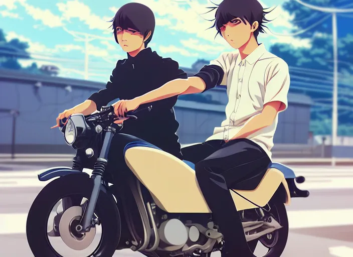 Prompt: anime visual, illustration of a young man riding around town on his new motorbike, handsome face by ilya kuvshinov, yoshinari yoh, makoto shinkai, katsura masakazu, dynamic perspective pose, detailed facial features, kyoani, rounded eyes, crisp and sharp, cel shad, anime poster, ambient light,