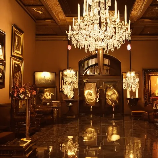 Image similar to upscale mysterious private auction, unnameable relics on display, moody lighting, extravagant details, lobby in the distance, elite