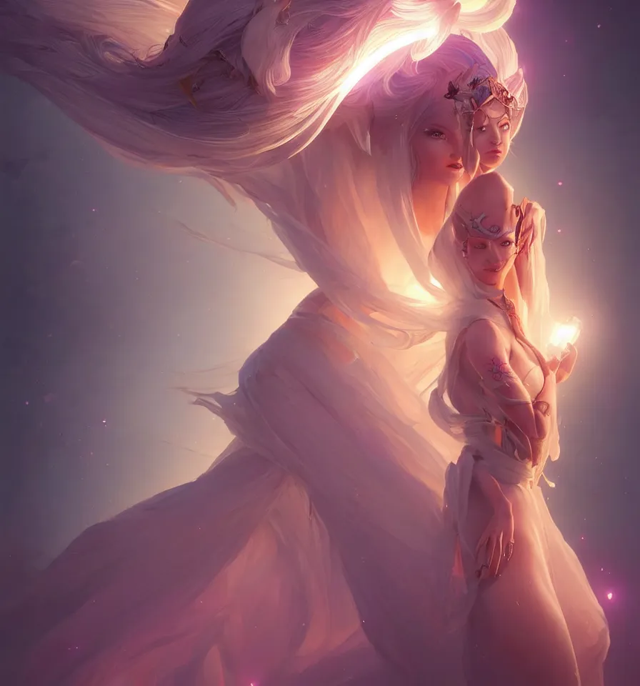 Prompt: beautiful princess in robe. bio luminescent halo around head. artwork by jarold Sng by artgerm, by Eddie Mendoza, by Peter mohrbacher by tooth wu, unreal engine, octane render, cinematic light, high details, iridescent colors, dichroic, macro