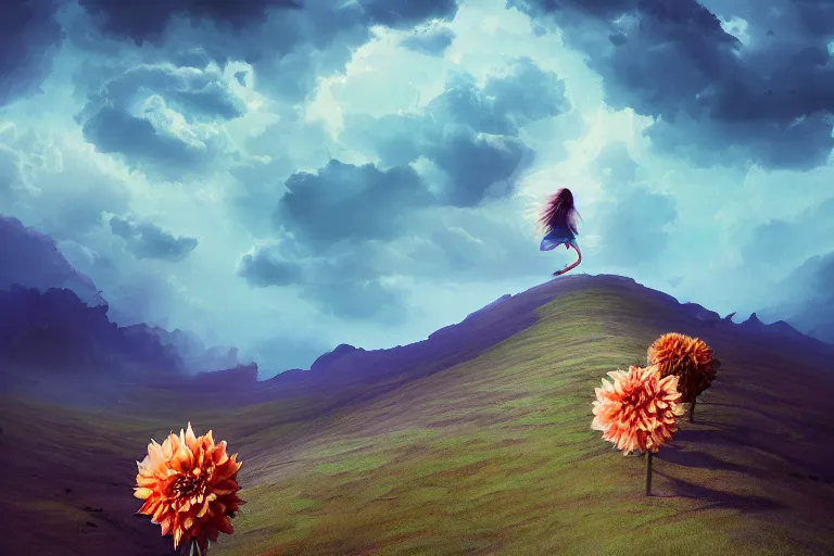 Prompt: face covered giant dahlia flower, girl on mountain, surreal photography, blue storm clouds, dramatic light, impressionist painting, digital painting, artstation, simon stalenhag