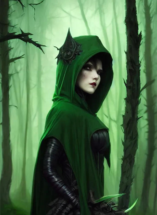 Image similar to side portrait dark witch with hood, adventurer outfit large cloak, fantasy forest landscape, moonshine, fantasy magic, undercut hairstyle, short green black fade hair, dark light night, intricate, elegant, sharp focus, illustration, highly detailed, digital painting, concept art, matte, art by WLOP and Artgerm and Greg Rutkowski and Alphonse Mucha, masterpiece