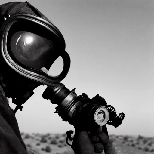 Image similar to a man wearing a gasmask, heavily equipped, in the desert, film still, arriflex 35