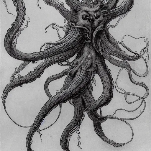 Prompt: concept designs for an ethereal ghostly wraith like figure made from wispy billowing smoke and sparks of electricity with a squid like parasite latched onto its head and long tentacle arms that flow lazily but gracefully at its sides like a cloak while it floats around a frozen rocky tundra in the snow searching for lost souls and that hides amongst the shadows in the trees, this character has hydrokinesis and electrokinesis for the resident evil village video game franchise with inspiration from the franchise Bloodborne and the mind flayer from stranger things on netflix in the style of a marvel comic