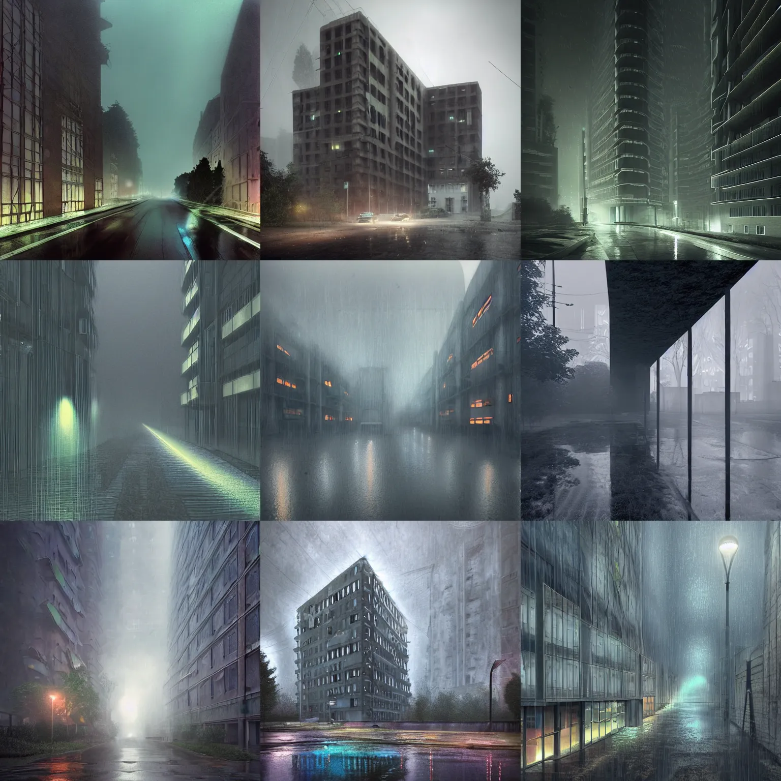 Prompt: Iridescent ghost lights appeared on a rainy street, supernatural will-o-wisps, Soviet town, mass housing, Soviet five-story panel buildings, brutal concrete architecture, lush vegetation, foggy, post-processing, in the style of Hugh Ferriss, Behance, Artgerm. High detail, ultra realistic render, octane, 3D, photorealism, symmetric, cinematic