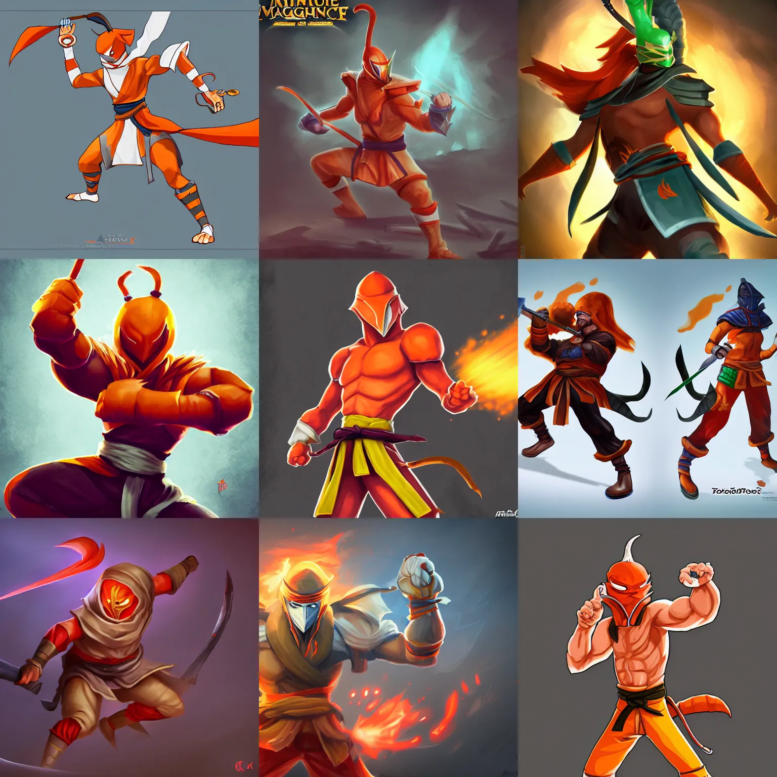 Prompt: anthropomorphic carrot karate fighter in a battle stance in a dojo, style of league of legends, style of magic the gathering, style of mortal kombat, golden ratio, rule of thirds, cinematic, 4 k details, artstation, artgerm