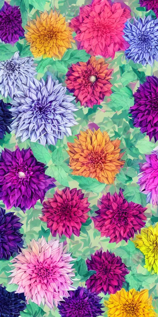 Image similar to chains of Dahlia flowers, various gradient colors, paper crumpled texture