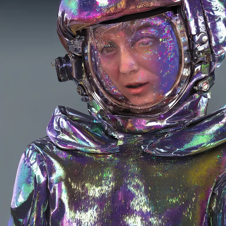 Prompt: octane render portrait by wayne barlow and carlo crivelli and glenn fabry, subject is a woman covered in tie - dye exoticic flamboyant aluminum foil space suit with a iridescent metallic space helmet, surrounded by alien plants, cinema 4 d, ray traced lighting, very short depth of field, bokeh