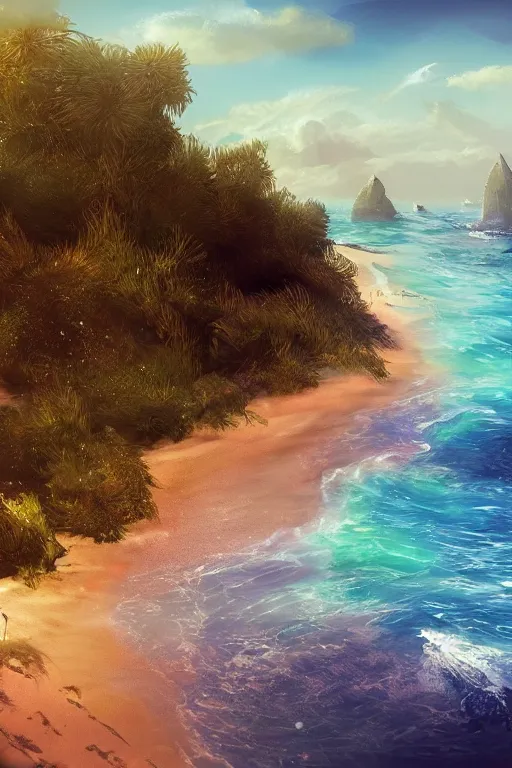 Image similar to digital matte fantasy dreamy beachscape, artstation, behance, 8 k by amedeo modigliana