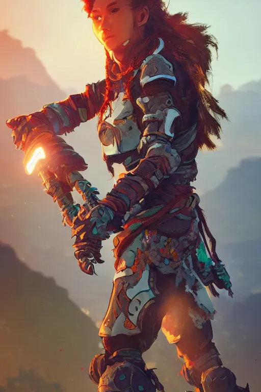 Image similar to combination suit armor aloy horizon forbidden west horizon zero dawn radiating a glowing aura global illumination ray tracing hdr fanart arstation by ian pesty and alena aenami artworks in 4 k tribal robot ninja mask helmet backpack