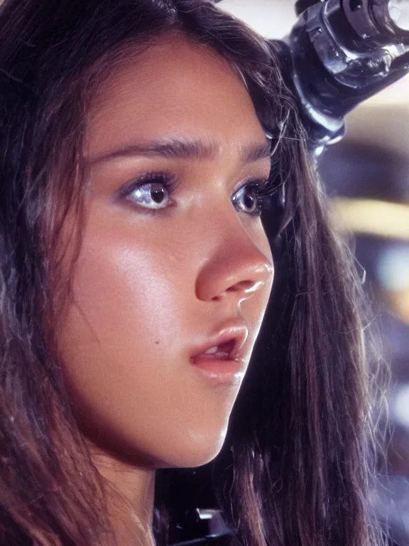 Prompt: hyperdetailed close shot of young jessica alba as space pirate, fine - face, pretty face