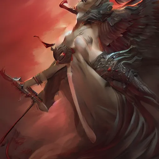 Image similar to Lady Liberty riding the red dragon of 龙, no noise, elegant, concept art, sharp focus, digital art, smooth defined outlines!!, by Brom, trending on Artstation, Tom Bagshaw, Sargent