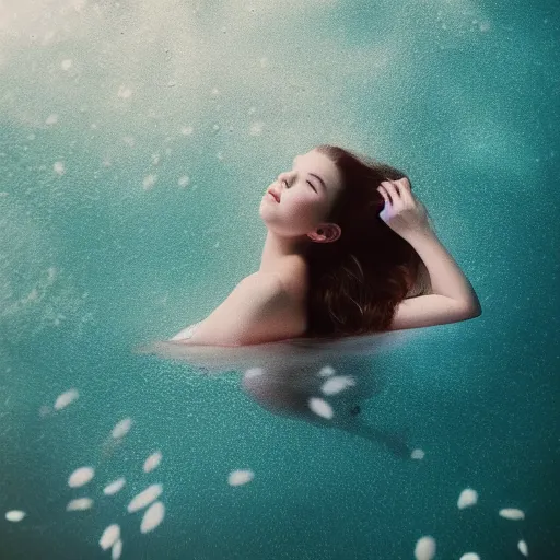 Image similar to a beautiful girl like anya taylor - joy floating under the deep water, white petal, by personal photography, art by brookskim, closeup, 4 k, highly detailed, instagram,