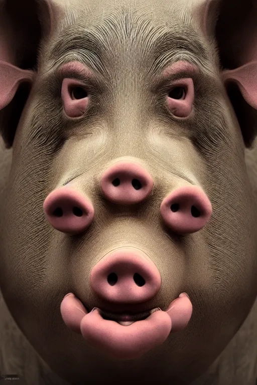 Prompt: a pig with a human face poses for a portrait, creepy, unsettling, scary, nightmare, intricate, hyper detailed, accent lighting, dramatic light, 4 k octane render