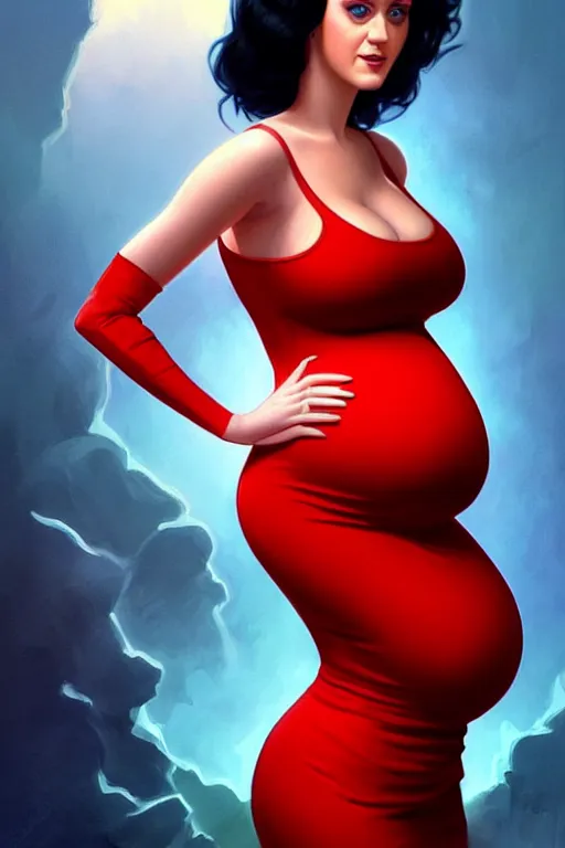 Image similar to pregnant katy perry in a red dress, realistic portrait, symmetrical, highly detailed, digital painting, artstation, concept art, smooth, sharp focus, illustration, cinematic lighting, art by artgerm and greg rutkowski and alphonse mucha