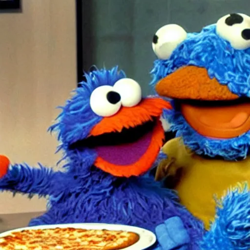 Image similar to Cookie Monster Muppet on Sesame Street eating pizza in secret, happy