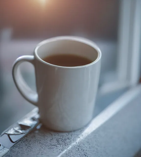 Image similar to a 4 k photorealistic photo close up of a mug on a sunny windowsill.