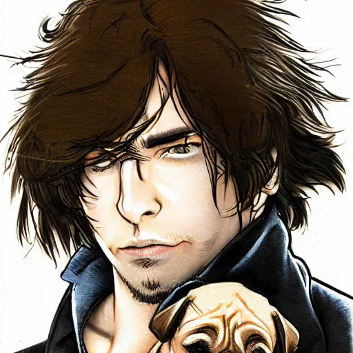 Image similar to self portrait, young white hispanic handsome man with short light brown hair and light skin and a 5 o clock shadow and holding a pug while fighting against 2 swordsmen pencil art, added detail, high definiton, colored, backfacing, illustrated by yoji shinkawa