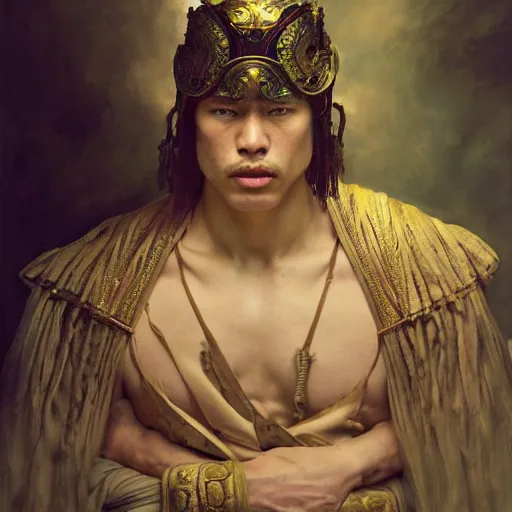 Image similar to highly detailed oil painting | very intricate | cinematic lighting | award - winning | the mayan samurai in full armor | by roberto ferri, by tom bagshaw, by j. c. leyendecker and klimt, beautiful cinematic light, american romanticism, by austin osman spare, artstation, cgsociety, official art, octane