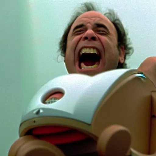 Image similar to A still of Danny Devito screaming in 2001: A Space Odyssey