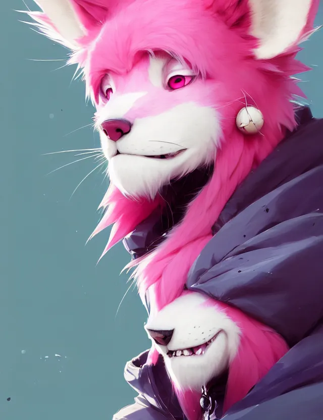 Image similar to a beautiful headshot portrait of a cute anime male with pink hair and pink wolf ears wearing a hoodie. piercings. green eyes. character design by cory loftis, fenghua zhong, ryohei hase, ismail inceoglu and ruan jia. artstation, volumetric light, detailed, photorealistic, fantasy, rendered in octane