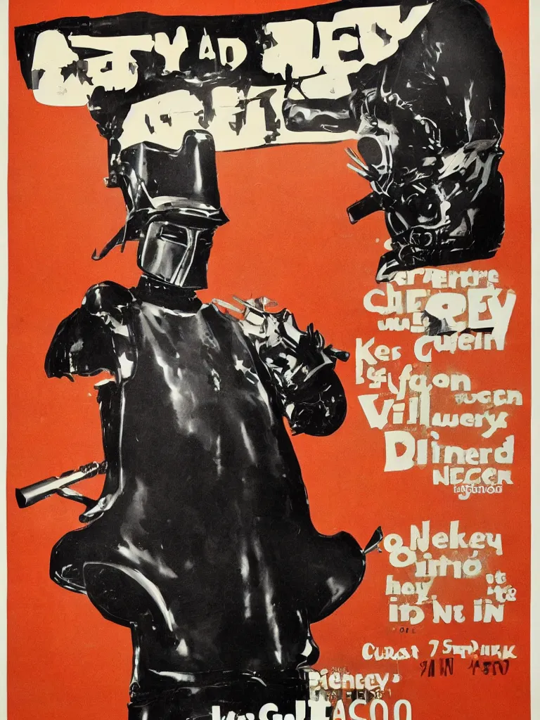 Prompt: a 60s western poster featuring a filmmaker dressed in ned kelly iron chicken armour