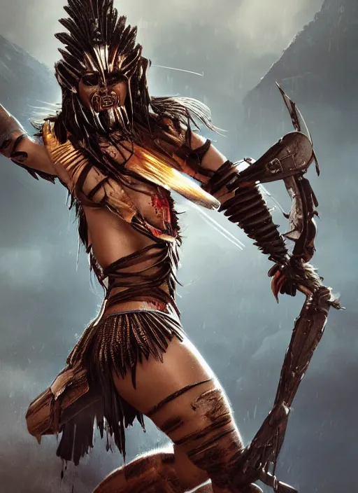 Prompt: movie frame with raging inca warrior princess fights barbarians with futuristic energy shield, vertical composition, inspired by monster hunter and dark fantasy and fashion, beautiful body, clean brutal blooded symmetrical face, brutal bloody and sluty make up, epic,dramatic lighting, cinematic, establishing shot, extremely high detail, photorealistic, brutal, provocative , cinematic lighting, artstation, octane render, dark fantasy ,old photo, vintage, black and white, Boris vallejo, sepia, old photography, documentary photography