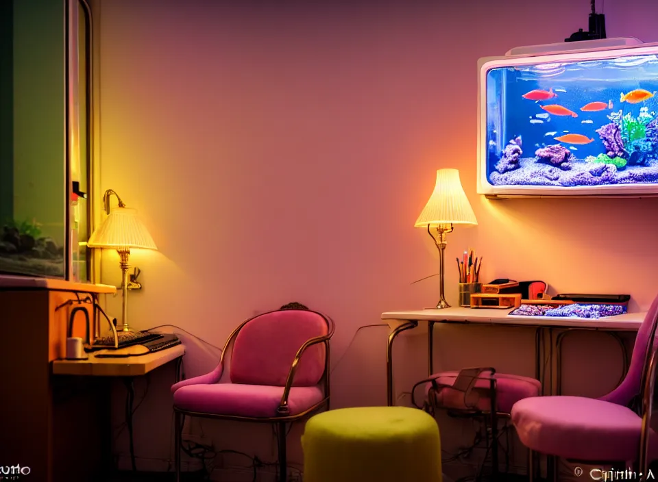 Prompt: telephoto 7 0 mm f / 2. 8 iso 2 0 0 photograph depicting the feeling of chrysalism in a cosy cluttered french sci - fi ( art nouveau ) cyberpunk apartment in a pastel dreamstate art cinema style. ( aquarium, computer screens, window ( city ), leds, lamp, desk ( ( ( armchair ) ) ) ), ambient light.