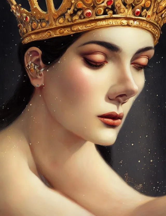 Image similar to blurred background. close-up portrait of a goddess in crown, by Afarin Sajedi and greg rutkowski