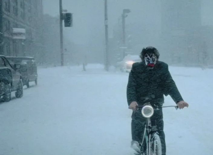 Prompt: A very high resolution image from a new movie, a clown riding a bike in a blizzard in New York City, Polaroid, directed by Steven Spielberg