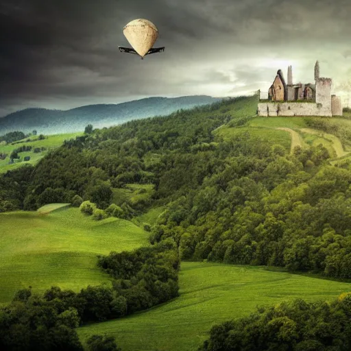 Image similar to Vast verdant valley surrounded by Transylvanian mountains, with a large zeppelin hovering in the foreground, and a ruined medieval castle on the hillside in the background. Late evening light, gloomy weather. Hyperrealistic, high quality, sharp, photography.