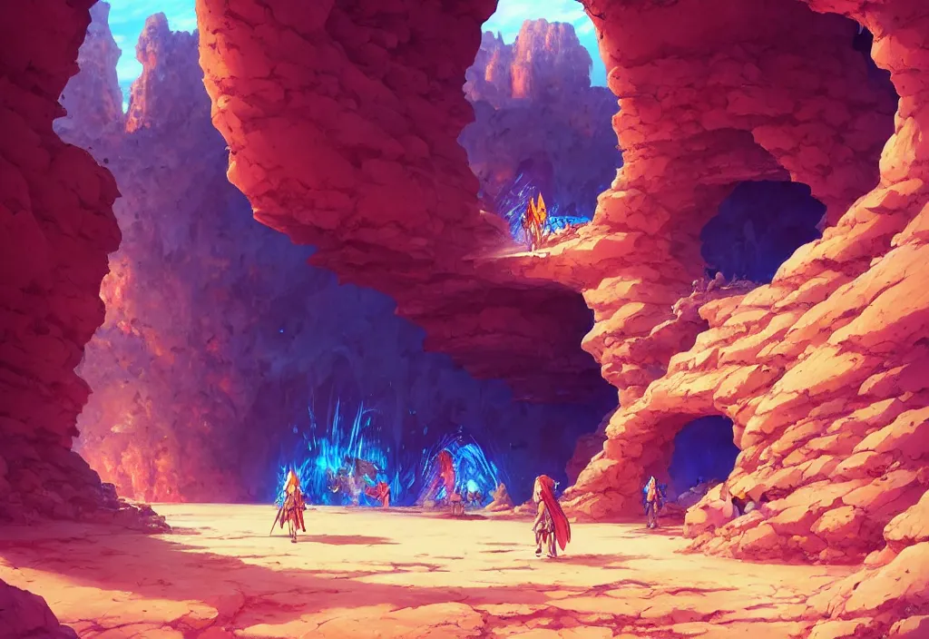 Prompt: a cave entrance in a desert with crystals inside the cave, intricate oil painting, high detail illustration, sharp high detail, manga and anime 1 9 9 9, official fanart behance hd artstation by jesper ejsing and makoto shinkai, 4 k,