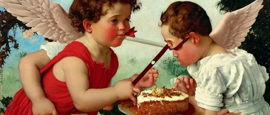 Prompt: Cupid eating a cake, full body portrait, extremely detailed masterpiece, Roger Deakin’s cinematography, oil on canvas, Norman Rockwell.