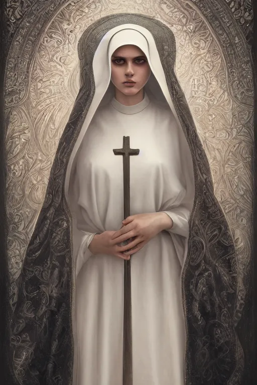 Image similar to ultra realist and ultra intricate detailed soft painting of a beautiful slim curvy female nun in long religius dress, thin lustrous hair, symmetry features, sensual gloomy style, soft painting, volumetric clouds, fantasy background, artstation, Tom Bagshaw artstyle, unreal render, depth of field