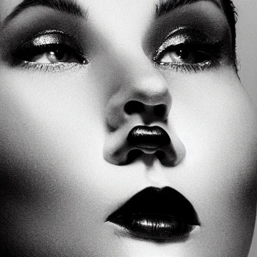 Prompt: Close-up portrait of a femme fatale. Face. Shadow and light. Abstract. Surrealist. Black and white. Side lighting. Golden ratio. Photography by Irving Penn.