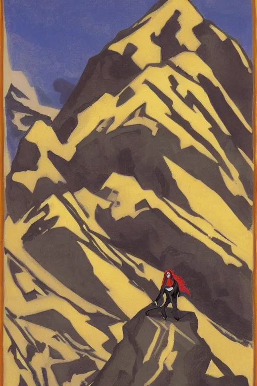 Image similar to black widow ( natasha romanova ) on mountains, marvel, artwork by nicholas roerich,